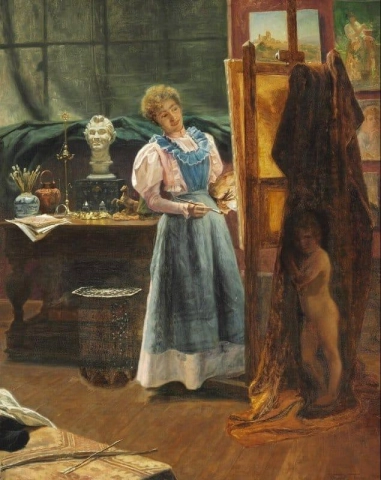 Huelga. Un pintor en su caballete. Cupido se niega a posar más 1897