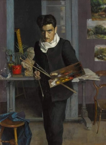 Zelfportret van de kunstenaar in zijn atelier, ca. 1895-1900