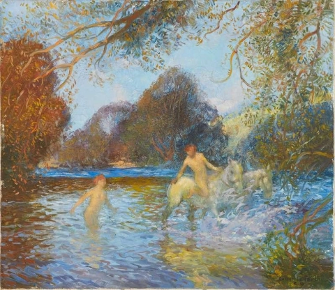 pareja cabalgando en el agua