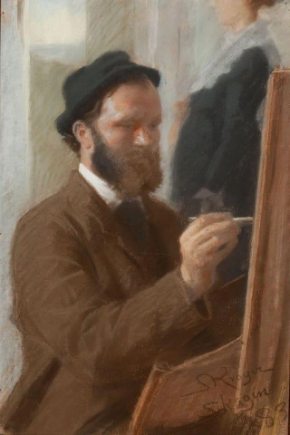 迈克尔·安彻 (Michael Ancher) 画安娜·安彻 (Anna Ancher) 站在门口