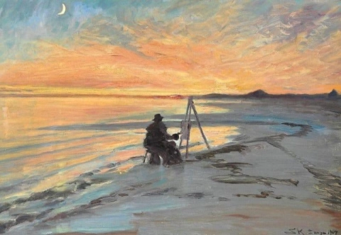 Taidemaalari Skagen Beachillä New Moon 1907