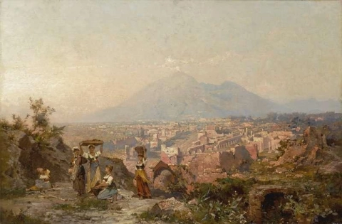 Doncellas en una colina con vistas a Pompeya y al Vesubio más allá