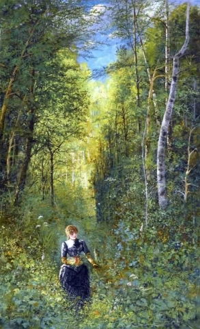 Mädchen sammelt Blumen im Wald 1876