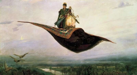 Het vliegende tapijt, een afbeelding van de held van de Russische folklore, Ivan Tsarevitsj