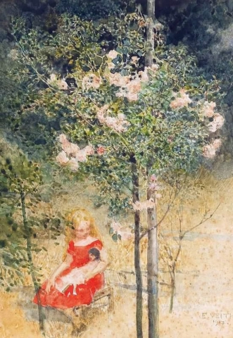 Ein Mädchen mit einer Puppe und einem jungen Rosenbaum