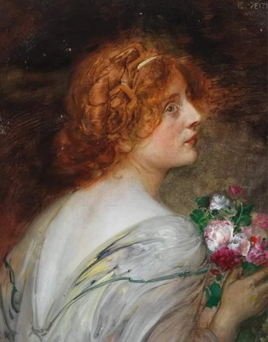 Achteraanzicht van een jonge vrouw in profiel met een boeket rozen in haar handen
