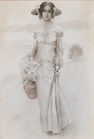 Madchen Mit Krug Und Blumenstrau 1914