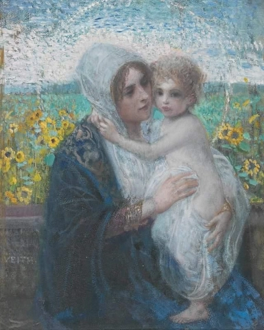Madonna und Kind im Hintergrund ein Sonnenblumenfeld