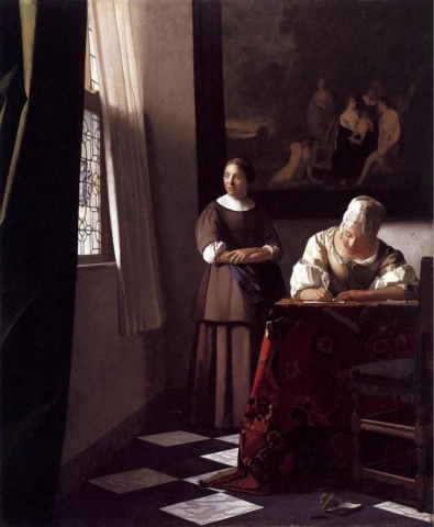 Kvinna som skriver ett brev och hennes tjänare