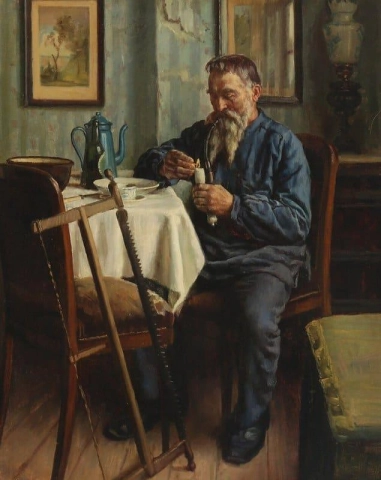 Um carpinteiro fumando cachimbo