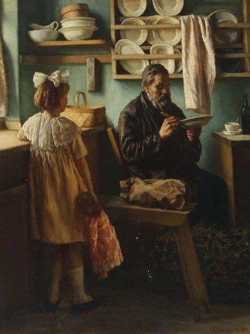 Una niña mirando a un extraño almorzando en la cocina.