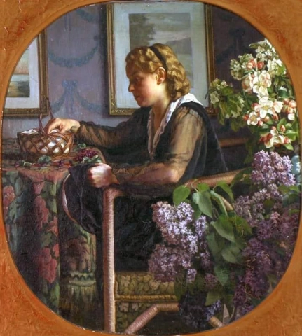 En ung kvinne med håndarbeid ved siden av syrin- og epleblomster