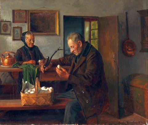 Farminterior, jossa kaksi iäkästä ihmistä tarkastelee munakoria 1930