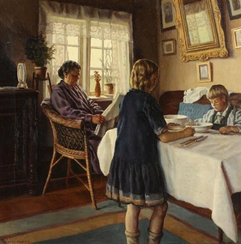Interieur met een vrouw die de krant leest terwijl het kind eet