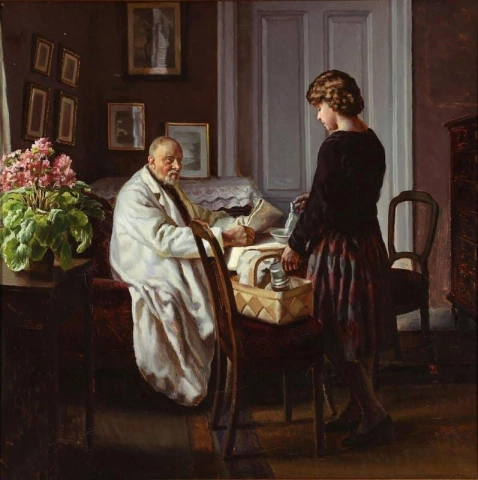 Interior com uma jovem e um homem idoso