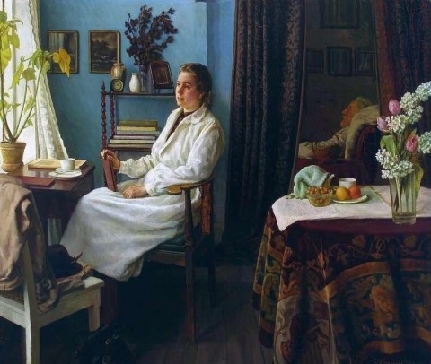 Interior con una mujer joven junto a la ventana 1944