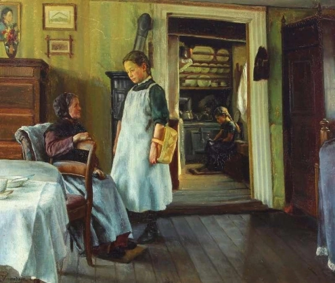 Interiör med gammal kvinna och två flickor 1914