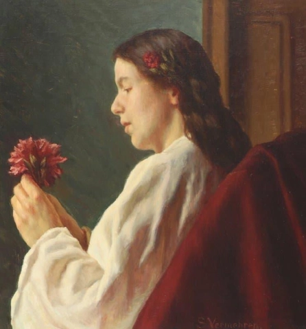 Porträtt Av En Ung Flicka Som Håller En Blomma