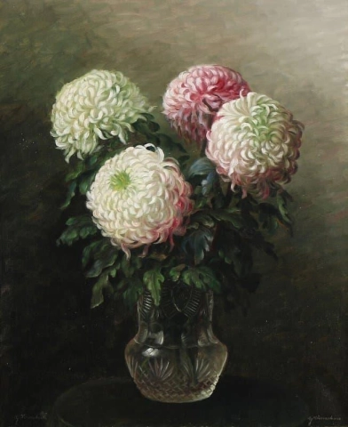Still Life With Pink And White Chrysanthemum In A Glass Vase