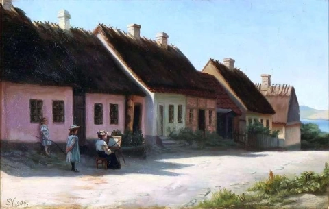 Street Scape With An Female Artist At The Easel Presumably The Artist S Wife Yelva Vermehren 1904