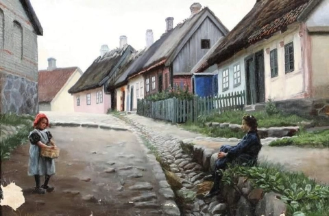 Townscape From Roskilde With Two Girls Conversing