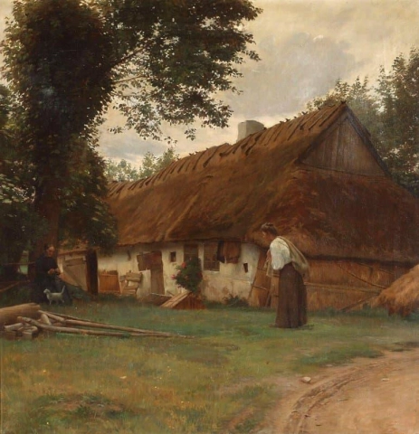 Duas mulheres em frente a uma casa de fazenda com telhado de palha