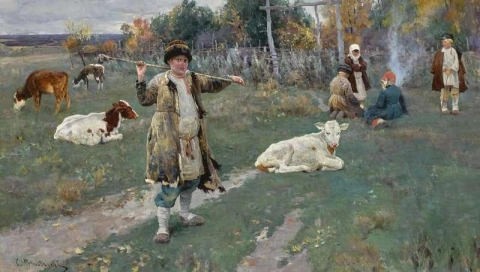 Barn som gjeter kalver 1895