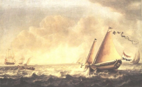 Vlieger Simon De Seascape con barche a vela
