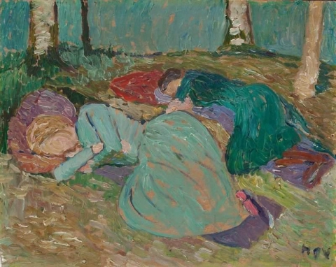 庭で眠るマルタ・フォーゲラーとポーラ・モーダーゾーン＝ベッカー