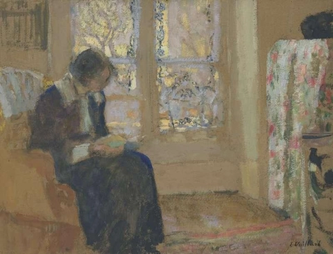 Jonge vrouw leest Lucie Belin bij haar thuis, 1916