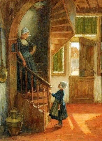 나선형 계단이 있는 의상을 입은 엄마와 아이