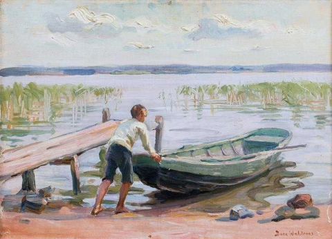 Un ragazzo e una barca sulla riva