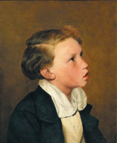 A Blond Boy In A Dark Blue Coat And Yellow Waistcoat