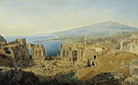 Ruinene av det greske teatret i Taormina på Sicilia 1844