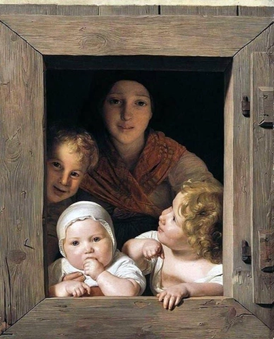 Ung bondekvinne med tre barn ved vinduet 1840