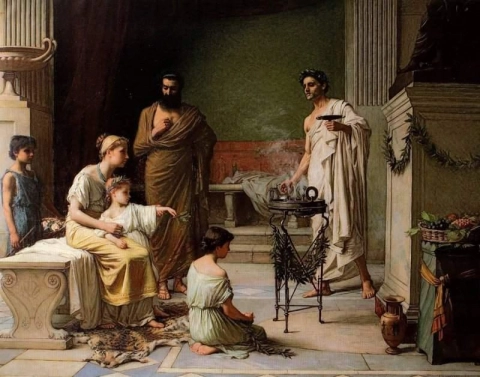 一个生病的孩子被带进埃斯库拉皮乌斯神庙 1877