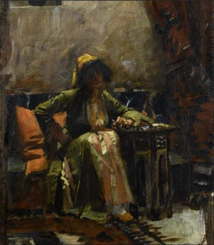 앉아있는 소녀가 있는 동부의 실내 1886