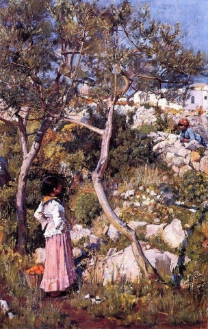 Kleine Italiaanse meisjes bij een dorp, ca. 1889