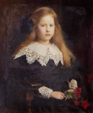 Porträtt av en ung flicka som håller röda tulpaner 1905