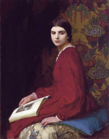 Muotokuva Betty Mccannista punaisessa mekossa 1927