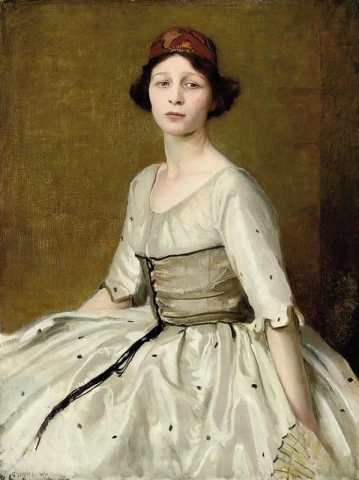 3/4 길이의 흰색 드레스를 입고 앉아 있는 미스 비비안 메리어트의 초상화 1915