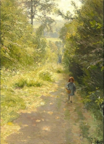 En liten jente med en kurv som går i skogen 1880