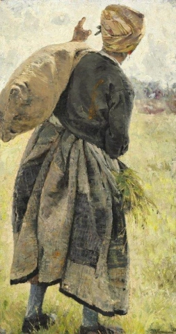 Una mujer con un saco de patatas Ecouen Francia