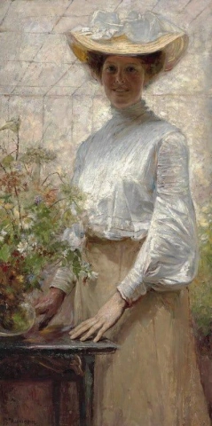 En ung kvinne i et drivhus ca. 1902-03