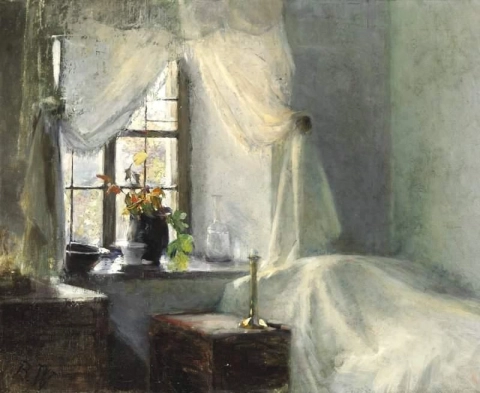 Interior From A Bedroom With A View Through The Window Towards The Garden