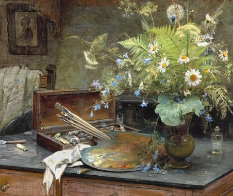Interior com um ramo de flores silvestres A caixa de pintura do artista Uma paleta e um charuto meio defumado