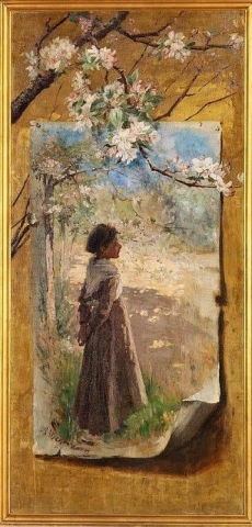 Trompe L Oeil de uma pintura em uma parede dourada com uma jovem sob um galho florido de uma macieira