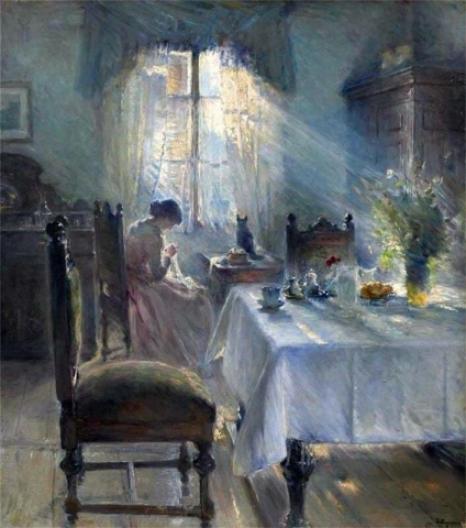 Woman Sewing In An Interior