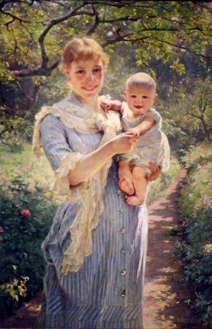 정원에 아이를 데리고 있는 젊은 어머니