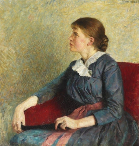 Porträtt av en ung flicka sett i profil i blå klänning som sitter i en röd soffa 1889